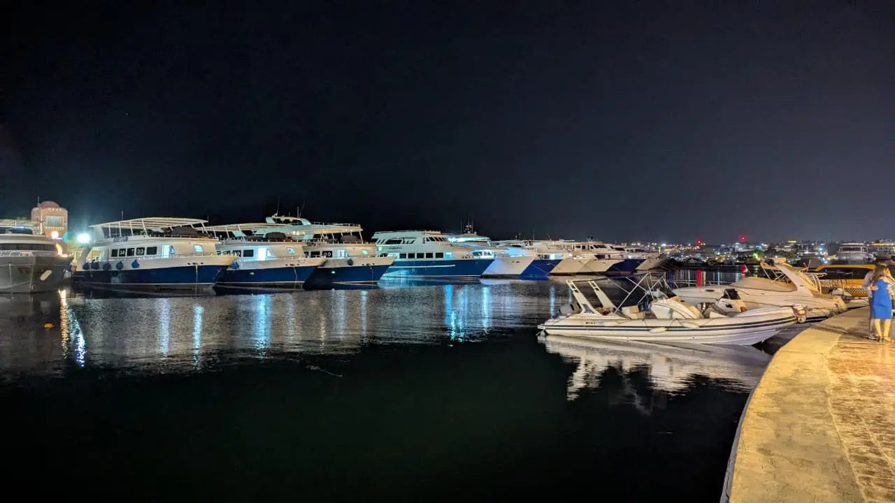 Hurghada Marina with boats and Red Sea views for tourists exploring Hurghada nightlife
