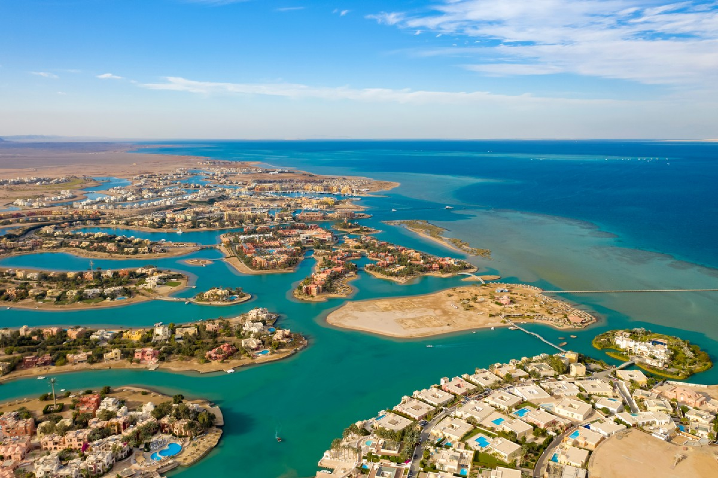 Aerial view of El Gouna and the Red Sea near Hurghada for evening trips and nightlife activities